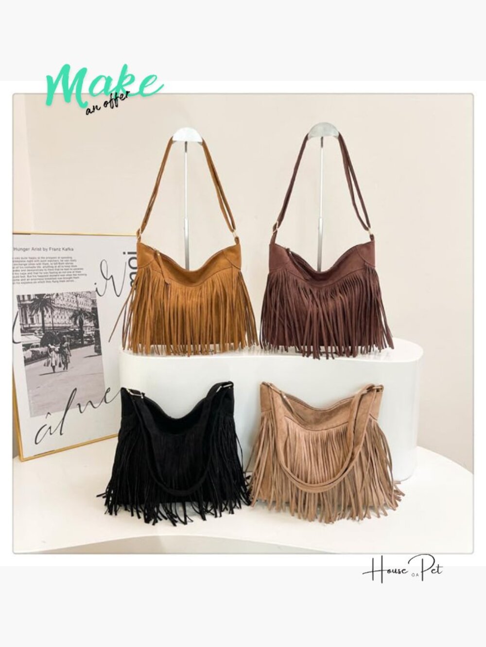 Vintage Vegan Suede Fringe Hobo Bag Crossbody Adjustable Strap Tassel Purse - Picture 3 of 7